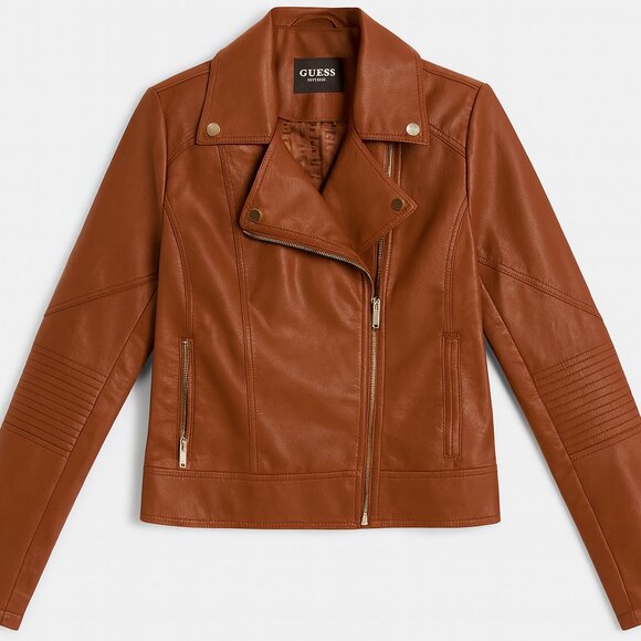 GUESS Cognac Faux Leather Moto Jacket – Women’s Large - Picture 1 of 3